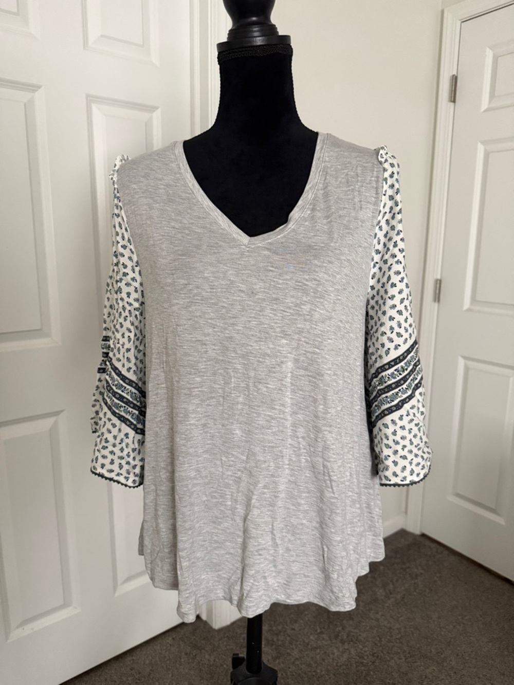 Matilda Jane Gray V-Neck Tunic with Printed White and Blue Sleeves